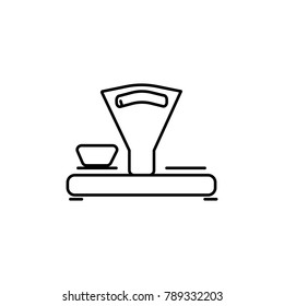 Linear illustration of a balance, control, weight measurement, weighting agent, weight, weigh, balance, balance, cargo on a white background.