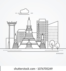 Linear illustration of Bangkok, Thailand. Flat one line style. Trendy vector illustration. Architecture line cityscape with famous landmarks, city sights, design icons. Editable strokes