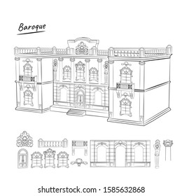 linear illustration of a baroque architectural building 