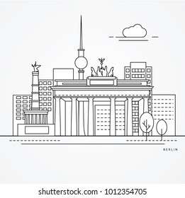 Linear illustration of Berlin, Germany. Flat one line style. Trendy vector illustration. Architecture line cityscape with famous landmarks, city sights, design icons. Editable strokes