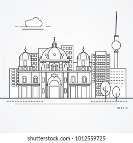 Linear illustration of Berlin, Germany. Flat one line style. Trendy vector illustration. Architecture line cityscape with famous landmarks, city sights, design icons. Editable strokes