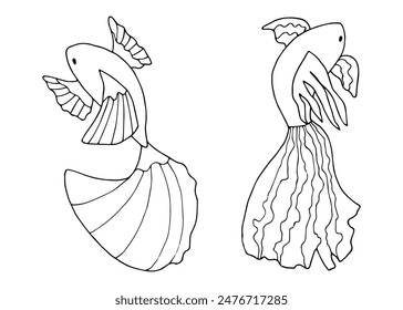 Ilustración lineal de peces beta. Dibujo esquemático de animales acuáticos exóticos. Clipart a mano en blanco y negro. Mundo submarino. Habitantes del océano y el mar. Conveniente para colorear, postales.