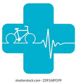 Ilustración lineal de una bicicleta con pulso sobre el fondo de una cruz médica.
