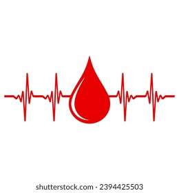 Linear illustration of blood drop with pulse on white background