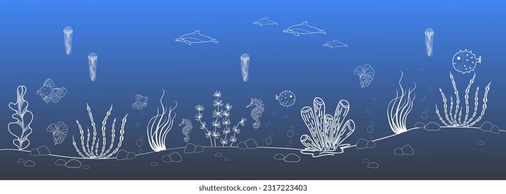 Linear illustration of a border with a seabed, fish, jellyfish. Line drawing for background,decor,covers,design,print