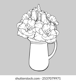 Bouquet de ilustração linear de flores em uma jarra. Desenho de contorno desenhado à mão Esboço Flores gráfico. Vintage gravura florescendo Eustoma em fundo isolado para cartões de felicitações