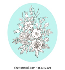 Linear illustration. Bunch of rose, peony, daisies and bells in vintage style. Perfect fit for invitations, greetings and Valentine.