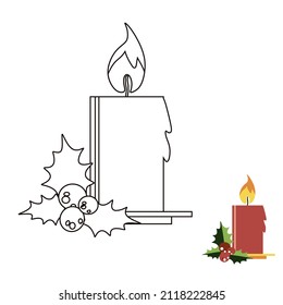 Linear illustration of a burning candle underneath beautiful leaves. Coloring book for children.