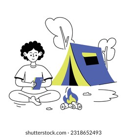 Linear illustration of camping alone 