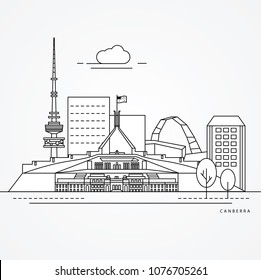Linear illustration of Canberra, Australia. Flat one line style. Trendy vector illustration. Architecture line cityscape with famous landmarks, city sights, design icons. Editable strokes svg