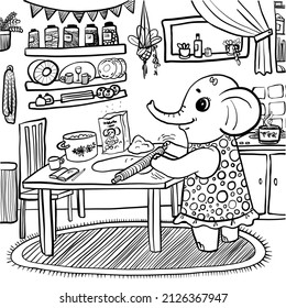 linear illustration cartoon character elephant preparing a pie in the kitchen. cute cozy kitchen. simple doodle illustration 