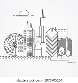 Linear illustration of Chicago, US. Flat one line style. Trendy vector illustration. Architecture line cityscape with famous landmarks, city sights, design icons. Editable strokes