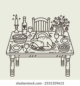 Linear illustration for Christmas and New Year. On the table is a turkey, a vase with a Christmas tree and balls, wine, cutlery. Vector on a white background