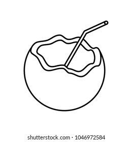 Linear illustration coconut icon, coconut milk, coconut with straw, drink, chopped coconut, food, summer, beach, sea, palm on white background.