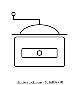 Linear illustration of a coffee grinder icon, a hand-held coffee grinder, coffee beans, cheerfulness, morning, coffee on a white background.