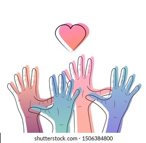 Linear illustration of color gradient human hands with hearts. International day of friendship and kindness. The unity of people. Vector element for cards, invitations, templates and your creativity.