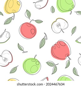 Linear illustration of colorful apples with leaves. Pattern for the background.