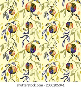 Linear illustration of colorful apples with leaves, branches. Seamless pattern on the light yellow background. Vector texture, print