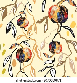 Linear illustration of colorful apples with leaves. Seamless pattern on the light beige background. Vector texture, print