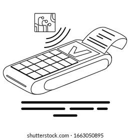 Ilustración lineal del pago sin contacto en estilo de contorno. Tecnología Doodle NFC en las tiendas. Imagen vectorial de una exitosa compra en un fondo blanco. Pago por sitios, blogs y carteles.