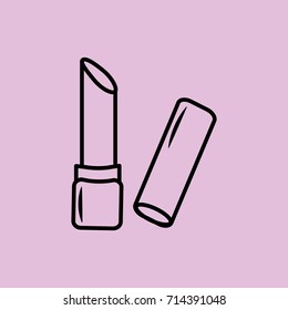 linear illustration of a conventional lipstick with an open lid on a purple background