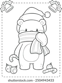 linear illustration of cute Christmas bear with scarf