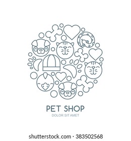 Linear illustration of cute muzzle of cat, dog, bird, snake. Goods for animals, vector icons set. Abstract design concept for pet shop, pets care and grooming, veterinary. 