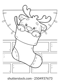 linear illustration of cute reindeer in a Christmas stocking