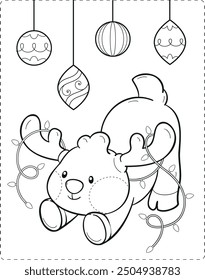 linear illustration of cute reindeer with lights and Christmas decoration
