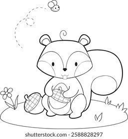 linear illustration of cute squirrel with acorns