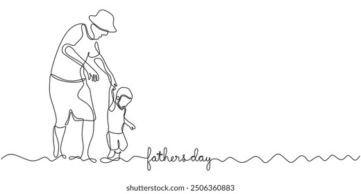 Linear Illustration Dad Child Stroll, Fathers Day Concept. Minimalist Line Hand Drawn Outline Vector Illustration.