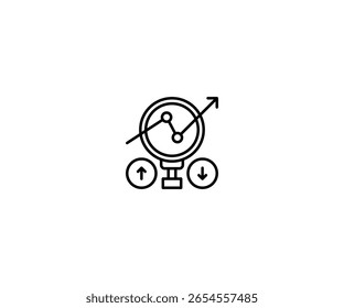 Uma ilustração linear que apresenta uma análise de dados financeiros com uma linha de tendência ascendente, apresentando decisões de investimento e relatórios de mercado.