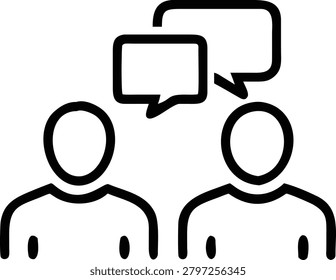 Linear illustration depicting interpersonal dialogue, verbal exchange, social interaction, team collaboration, and effective feedback between colleagues or friends in minimalist style.