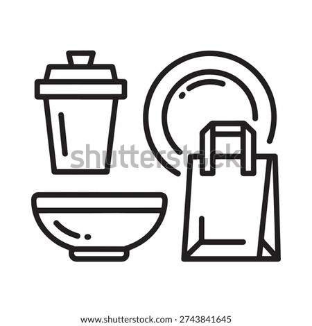 A linear illustration depicts takeout containers a plate bowl and a paper bag for food delivery