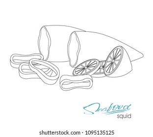 Linear illustration of a dish of squid with lemon. Vector illustration