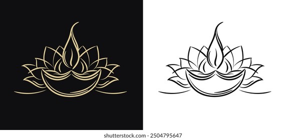 Linear illustration of Diya (Divaa) and Lotus flower (water lily) or dark and white background. Hand drawn golden and black outline traditional Indian oil lamp with Nelumbo nucifera flower