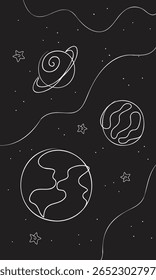 Linear illustration of elements of the universe with a black background and white lines