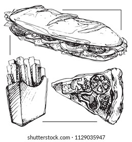 Linear illustration of fast food set containing sandwich, french fries and pizza slice in black ink