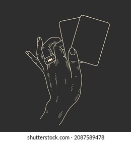 linear illustration of a female hand. witch's hand with tarot cards, magic divination ritual