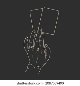 linear illustration of a female hand. witch's hand with tarot cards, magic divination ritual