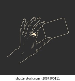 linear illustration of a female hand. witch's hand with tarot cards, magic divination ritual