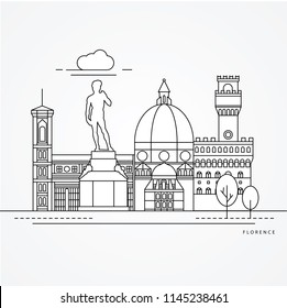 Linear illustration of Florence, Italy. Flat one line style. Trendy vector illustration. Architecture line cityscape with famous landmarks, city sights, design icons. Editable strokes