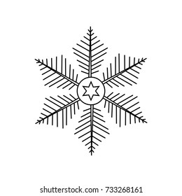 Linear illustration of a fluffy snowflake with six rays, a circle and a star in the middle, snow and a winter symbol on a white background.