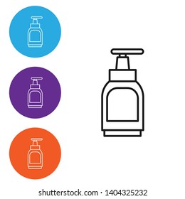 Linear illustration in four style Liquid cream soap line icon. Cosmetic symbol