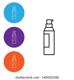 Linear illustration in four style Shower Gel, Liquid Soap, Lotion, Cream, Shampoo, Bath Foam. Vector icon.