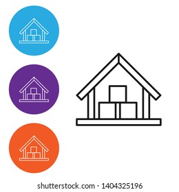 Linear illustration in four style Warehouse building, storage services, distribution center