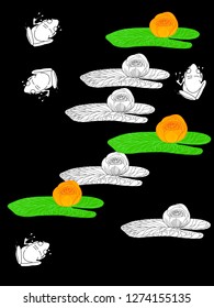Linear illustration of frogs and lotus, lily flowers. Concept for boutique, jewelry, fashion, flyer, banner design.