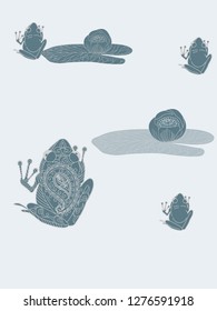 Linear illustration of frogs and lotus, lily flowers. Concept for boutique, jewelry, fashion, flyer, banner design.
