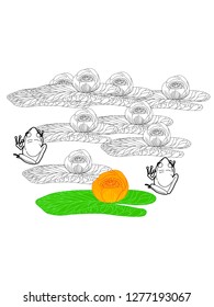 Linear illustration of frogs and lotus, lily flowers. Concept for boutique, jewelry, fashion, flyer, banner design.