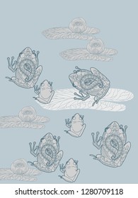 Linear illustration of frogs and lotus, lily flowers. Concept for boutique, jewelry, fashion, flyer, banner design.